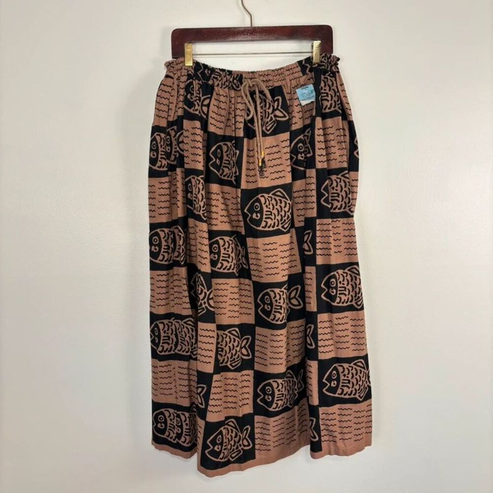 VTG 90s NWT Home Tex Fish Block Print Cotton Maxi Skirt Boho Elastic Waist OS